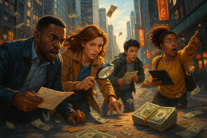 Cash Hunt Adventures - Unleash the Thrill - A diverse team solving clues in a bustling cityscape.